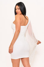 Off White Beaded On Mesh Draped One Sleeve Mini Dress