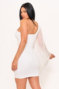 Off White Beaded On Mesh Draped One Sleeve Mini Dress