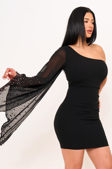 Black Beaded On Mesh Draped One Sleeve Mini Dress