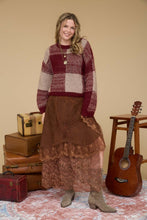 Burgundy Plaid Knit Pattern Crewneck Pullover Sweater