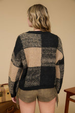 Black Plaid Knit Pattern Crewneck Pullover Sweater