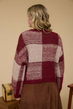 Burgundy Plaid Knit Pattern Crewneck Pullover Sweater