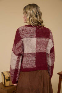 Burgundy Plaid Knit Pattern Crewneck Pullover Sweater