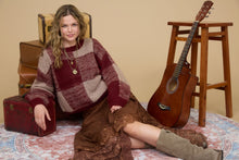Burgundy Plaid Knit Pattern Crewneck Pullover Sweater