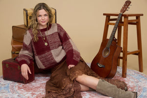 Burgundy Plaid Knit Pattern Crewneck Pullover Sweater