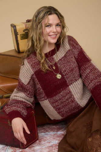 Burgundy Plaid Knit Pattern Crewneck Pullover Sweater