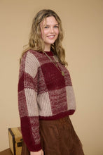 Burgundy Plaid Knit Pattern Crewneck Pullover Sweater