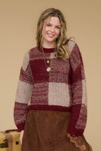 Burgundy Plaid Knit Pattern Crewneck Pullover Sweater