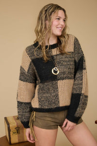 Black Plaid Knit Pattern Crewneck Pullover Sweater