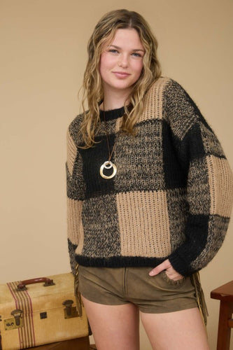 Black Plaid Knit Pattern Crewneck Pullover Sweater