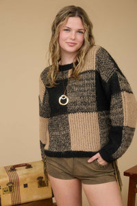 Black Plaid Knit Pattern Crewneck Pullover Sweater