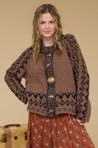 Brown Tribal Pattern Toggle Button Knit Cardigan