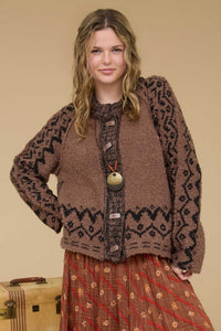 Brown Tribal Pattern Toggle Button Knit Cardigan