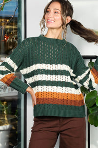 Hunter Green Crew Neck Long Sleeve Multi Striped Sweater