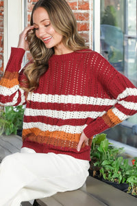 Burgundy Crew Neck Long Sleeve Multi Striped Sweater