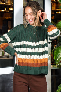 Hunter Green Crew Neck Long Sleeve Multi Striped Sweater