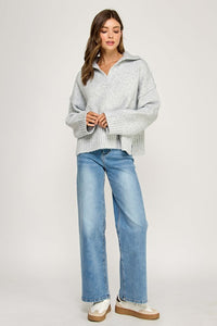 Grey Melange Polo Collar Soft Sweater