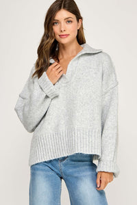 Grey Melange Polo Collar Soft Sweater