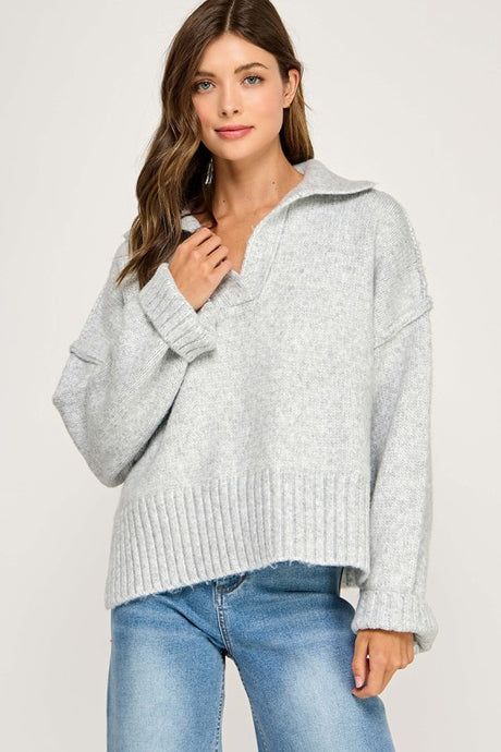 Grey Melange Polo Collar Soft Sweater