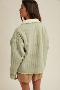 Olive/Cream Sherpa Floral Piping Detail Jacket