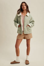 Olive/Cream Sherpa Floral Piping Detail Jacket