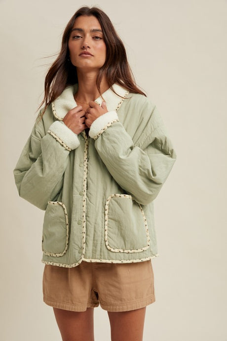 Olive/Cream Sherpa Floral Piping Detail Jacket
