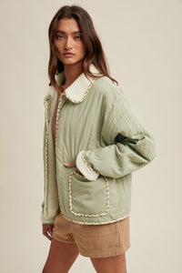 Olive/Cream Sherpa Floral Piping Detail Jacket