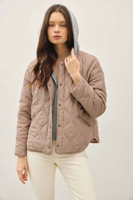 Mocha Quilted Jacket With Attachable Contrast Hood