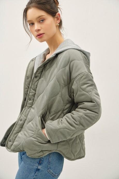 Olive Quilted Jacket With Attachable Contrast Hood