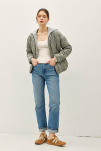 Olive Quilted Jacket With Attachable Contrast Hood