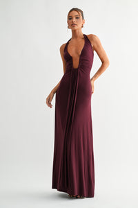 Cherry Deep Plunge Halter Maxi Dress