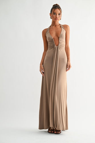 Mink Deep Plunge Halter Maxi Dress