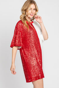 Red/White Game Day Two-tone Sequin Oversized Tunic Dress