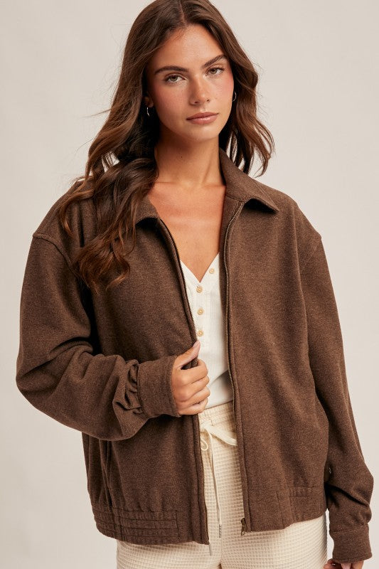 Coffee Heavy Weight Brushed Jersey Zip Jacket