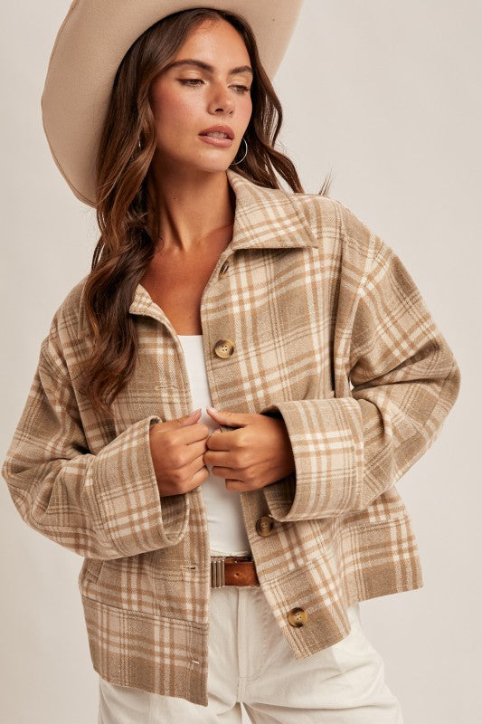 Taupe Plaid Button Down Jacket
