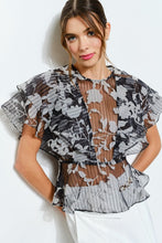 Black Sheer Floral Stripe Print Ruffle Blouse