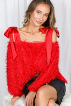 Red Satin Shoulder Strap Faux Feather Fur Top