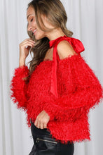 Red Satin Shoulder Strap Faux Feather Fur Top