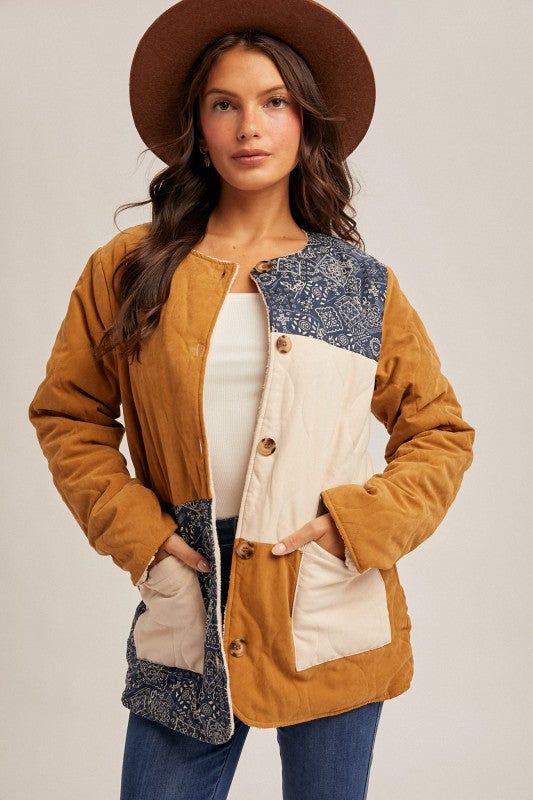 Navy Bandana Print Cont Color Block Fleece Lined Jacket