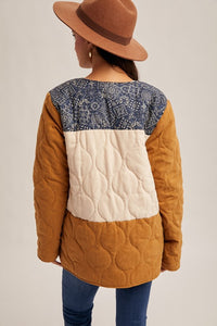 Navy Bandana Print Cont Color Block Fleece Lined Jacket