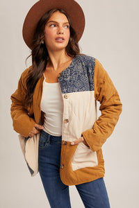 Navy Bandana Print Cont Color Block Fleece Lined Jacket