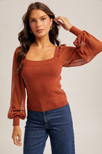 Rust Scallop Neck Edge Chiffon Sleeve Sweater Top