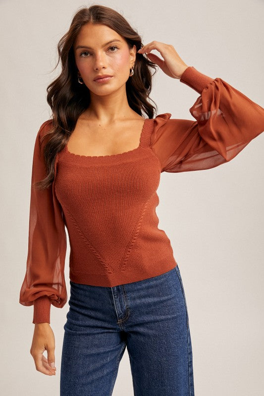 Rust Scallop Neck Edge Chiffon Sleeve Sweater Top