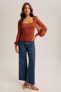 Rust Scallop Neck Edge Chiffon Sleeve Sweater Top