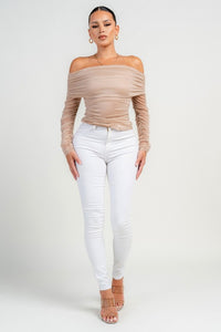 Taupe Long Sleeve The Shoulder Ruched Mesh Top