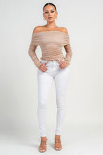 Taupe Long Sleeve The Shoulder Ruched Mesh Top