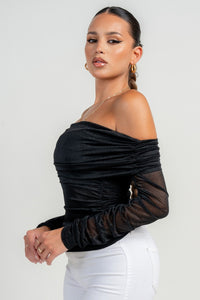 Black Long Sleeve The Shoulder Ruched Mesh Top