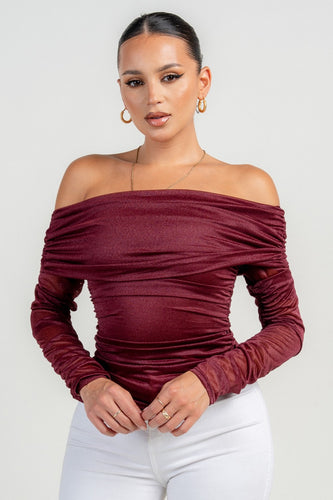 Port Long Sleeve The Shoulder Ruched Mesh Top