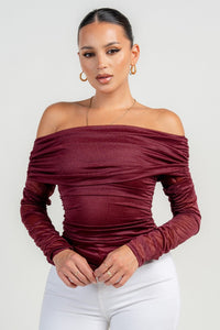 Port Long Sleeve The Shoulder Ruched Mesh Top
