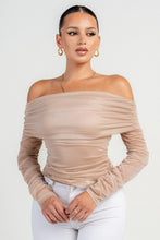 Taupe Long Sleeve The Shoulder Ruched Mesh Top